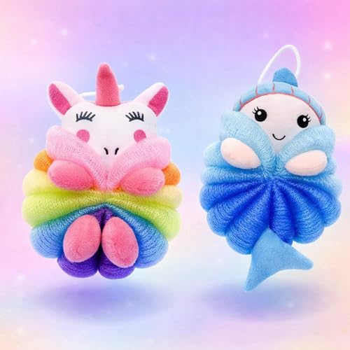 Girls & Boys Shower Sponge 2PCS – Cute Unicorn and Mermaid Loofah Set with Soft Mesh Texture, Gentle Body Exfoliating Bath Puff, Fun Animal Design with Quick-Dry Hanging Loop