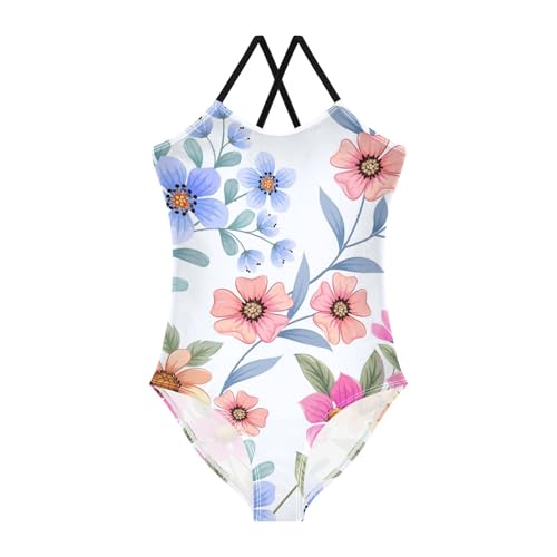 Girls One Piece Swimsuits Colorful Flowers on Light Blue Sport Halter Swimwear Beach Bathing Suit, 4T