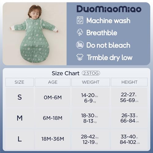 Image of Duomiaomiao 2.5 TOG Baby Sleep Sack 100% Cotton Winter Long Sleeve Baby Wearable Blanket, Super Warm Quilted Comfy Toddler Sleeping Bag