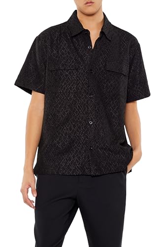 Forever 21 Mens Geo Dual-Pocket Button-Front Shirt, Black, XL