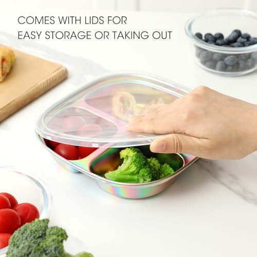 AIEVE Stainless Steel Kids Plates, Pack of 4 Stainless Steel Divided Toddler Plate with Lids