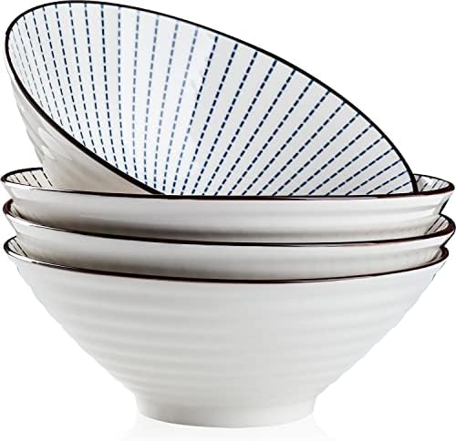 Qinlang 38 oz Japanese Ramen Bowls, Cereal Bowls, Soup Bowls, Pho Bowls, Noodle Bowls, Blue and White Ceramic Bowls Set of 4, 8 inches