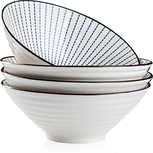 Qinlang 38 Oz Japanese Ramen Bowls, Cereal Bowls, Soup Bowls, Pho Bowls, Noodle Bowls, Blue And White Ceramic Bowls Set Of 4, 8 Inches #TOP28