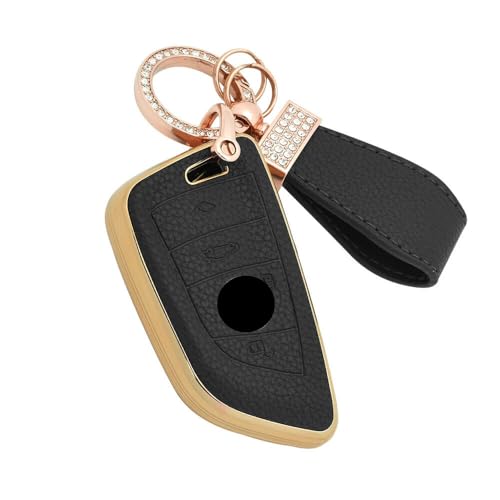 Image of keyzone Litchi Leather Textured TPU Key Cover & Keychain for X1, X3, X6, X5, 5 Series, 6 Series, 7 Series 4 Button Smart Key (Black)