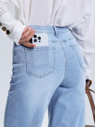 SEVEGO Women's 32"/34"/36" Tall Straight Leg Jeans Mid Waisted Stretchy Loose Denim Pants Casual Baggy Jean Trousers 32'', Light Blue, M - image 3