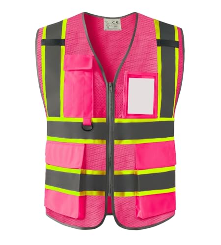 IDOU Pink Safety Vest for Women, High Vis Reflective Mesh Vest with 8 Pockets, Zipper & Mic Tabs for Work, Cycling, Security/L