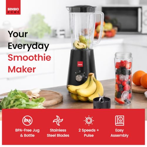 Sensio Home Blender Smoothie Maker 1L Jar & 600ml Portable Juicer Bottle - 350W BPA Free, Countertop Smoothie Blender, Stainless Steel Blades, Pulse Control for Shakes, Juices & Smoothies - Image 2