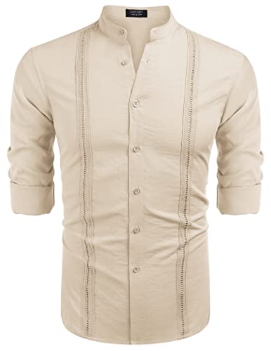COOFANDY-Mens-Cuban-Guayabera-Shirts-Linen-Casual-Long-Sleeve-Button-Down-Shirt-Band-Collar-Summer-Beach-Tops