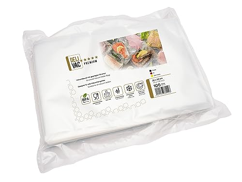 DeliVac Vakuumierbeutel 20 x 30 – 100 Stück, geprägte Vakuumbeutel für alle Vakuumierer, BPA-frei, lebensmittelecht, ideal für Sous-Vide, Gefrierschrank & Lebensmittelaufbewahrung