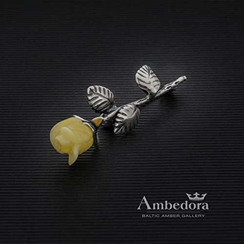 Image of Women's Brooch, Oxidised Sterling Silver, Hand Carved Amber Rose, Small Silver Brooch with Milky Amber Rose, 3 g