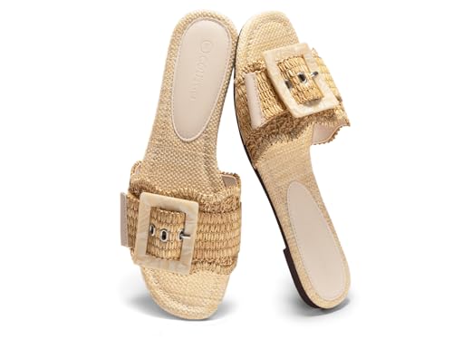 Image of Coutgo Womens Flat Sandals Raffia Slip On Slide Sandal Square Open Toe Buckle Summer Beach Shoes Flats