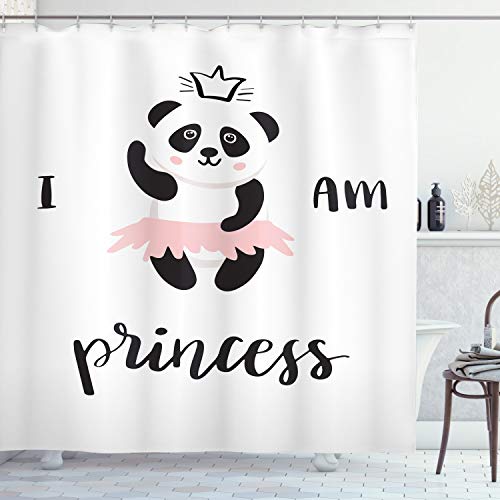 Ambesonne Cartoon Shower Curtain, Funny Ballerina Panda Bear Dancing in Pink Skirt Girls, Cloth Fabric Bathroom Decor Set with Hooks, 69" W x 75" L, White Black Rose