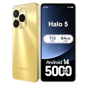 invens Halo 5 Smartphone Ohne Vertrag - 7GB(4+3)+64GB /256GB Android 14 Handys, 6,52 Zoll Bildschirm 5000mAh Handy Günstig, 16MP+8MP Kamera, 4G Dual SIM/Face ID/GPS/3.5mm Jack, Gold