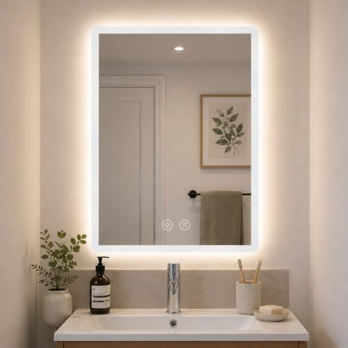LUVODI Badspiegel mit Beleuchtung 50x70 cm, dimmbar, beschlagfrei | LED Badezimmerspiegel mit 3 Lichtfarben, Memory, 2 Touch-Tasten, IP66, horizontal/vertikal montierbar
