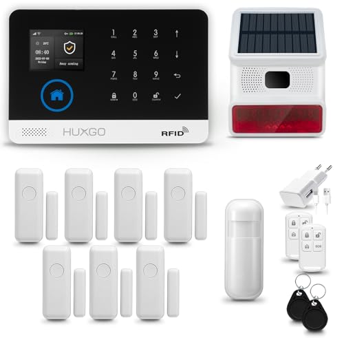 HUXGO® HXA003 Allarme casa senza fili WiFi + GSM con wireless Sirena solare | Kit allarme con 1x rilevatore di movimento, 7x sensori per porte e finestre, telecomando | Compatibile con TUYA