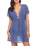Avidlove Bikini Cover Up Boho Chiffon Tunika Strandponcho Sommer kurze Bat Ärmel Kleid Bluse Swimwear Tief V Ausschnitt Strandkleid ,Gr:- M ,Farbe:- Blau