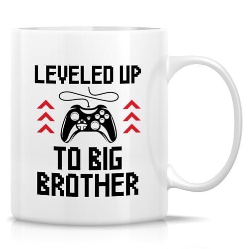 Taza divertida – Leveled Up to Big Brother – Tazas de café de cerámica de 325 ml para hermano mayor orgulloso – anuncio de nuevo hermano, revelación de embarazo, baby shower, regalo de cumpleaños para