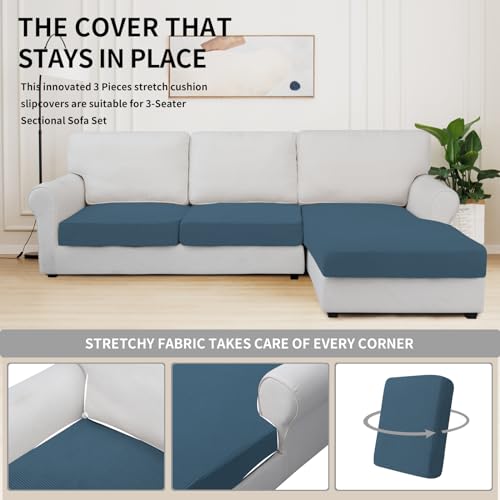 Image of Easy-Going Stretch 3 Pieces Couch Cushion Covers for Sectional Sofa Left /Right L Shape Chaise Lounge Sofa Seat slipcover Anti-Slip Sofa Cover Soft (2 Seater + 1 Chaise, Bluestone) | 2 Seater + 1 Chaise Lounge Left /Right L Sofa Seat slipcover Anti-Slip Sofa Cover Soft Bluestone