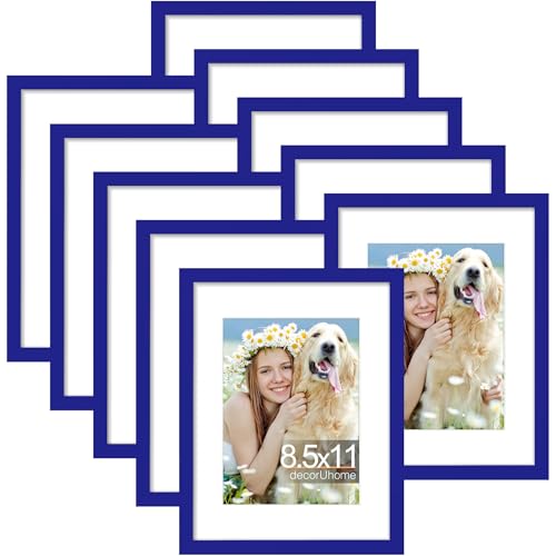 decorUhome 8.5 by 11 Picture Frame Set of 10, Display Photos 6x8 with Mat or 8.5x11 Unmatted for Picture Frames Collage Wall Decor, Royal Blue