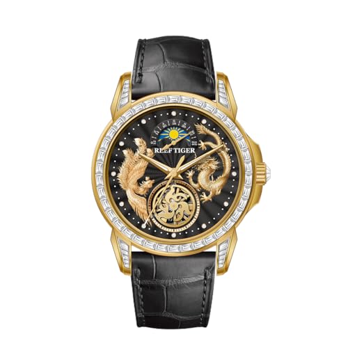 Reef Tiger Artist Series Herren-Armbanduhr Dragon & Phoenix Moonphase Automatikuhr für Herren, Diamanten, multifunktional, klassisch, RGA1939, RGA1939-GBB, Künstler
