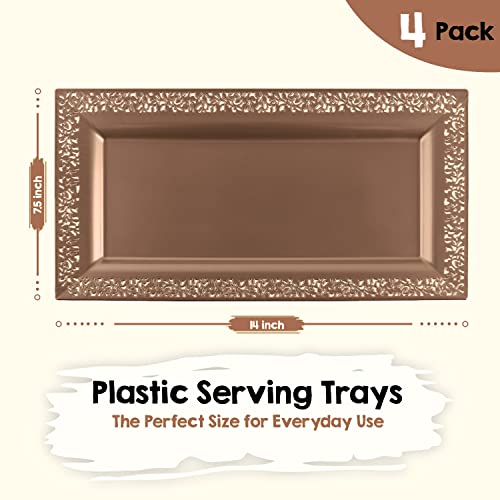 4 (Pk) Yumchikel 14" X 7.5" Rose Gold Lace Rim Plastic Serving Trays & Platters | Heavy Duty Disposable Decorative Dessert Tray - Party Platters For Upscale Parties Weddings Brand: Yumchikel #TOP3