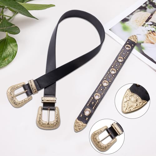 Image of Dubulle Womens Belt Chain Leather Belts Vintage Western Adjustable Elastic Double Buckle for Cowboy Pant Dress