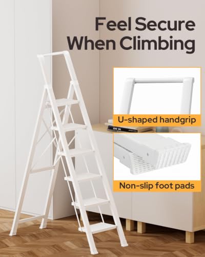 Image of 6 Step Ladder for 12 Feet High Ceiling, Lightweight Aluminum Folding Step Stool with Convenient Handgrip, Stepladders with Anti-Slip and Wide Pedal for Home Use Space Saving - White