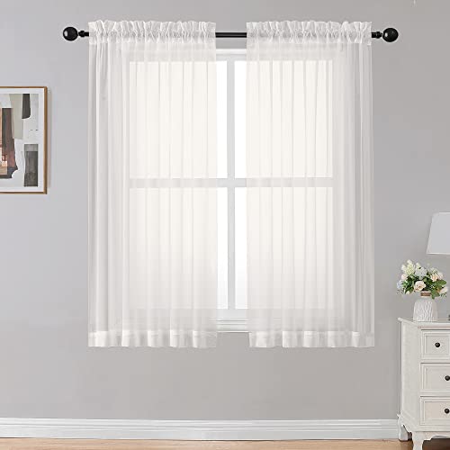 Image of OWENIE Sheer Curtains Living Room 54 inches Long, Rod Pocket Curtain Sheers Bedroom, Light Filtering Voile Panels Drapes Basement Small Window Treatments 2 Panels, 42 inch W x 54 inch L, Ivory