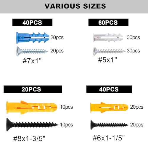 Image of KURUI Drywall Anchors with Screws Kit, 160PCS Plastic Wall Anchors and Galvanized Phillips Head Screws, 4 Sizes for Drywall, Hanging Shelves, Wall Decor, Artwork and Frames, Home Improvement Hardware