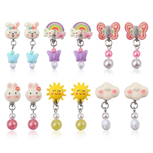 6 Pairs Easter Girl Clip On Earrings, Non Pierced Earrings Set with Ear Pads Cute Bunny Butterfly Rainbow Design Ear Clips for Children Non Perforated Clip on Earring Stud Jewelry for Girls Gift
