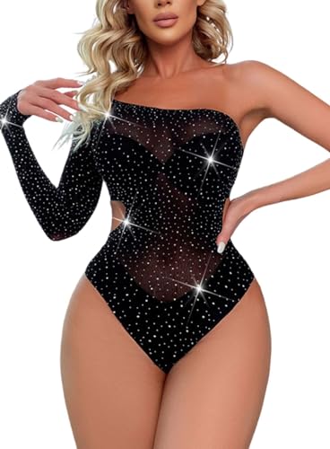 NLAND Lencería de Malla para Mujer Bodysuit de Diamantes Brillante Estiramiento Ropa Body Fiesta Vestir Manga Sencilla Purpurina Talla única(Negro)