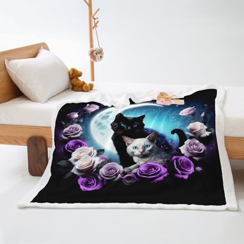 Plaid Cama Rose Moon Cat Colcha Plaid Sofa Diseño de Doble Cara Cubre Colcha Multiusos para Sofas Suave Manta Termica Blanket Lana de Cordero de Franela Espesar Durable 80x150cm