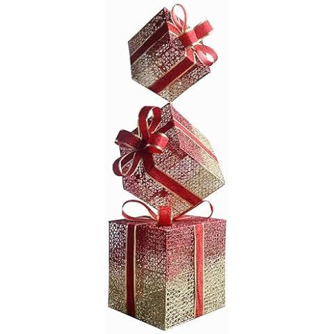 Set of 3 Christmas Lighted Stacked Gift Boxes, Pre-lit 100 LED Light Up Decorations, Outdoor Christmas Decorations Indoor Outside Porch Yard Christmas Tree Lighted Display Cover