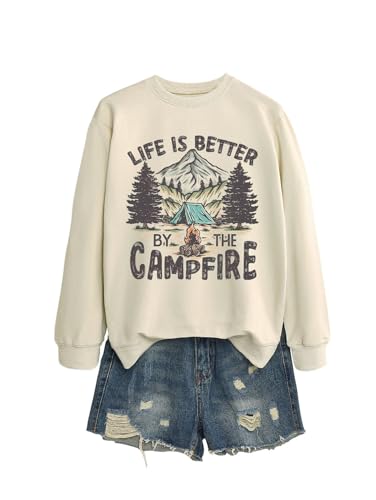 Jtvznmi Funny Camping Sweatshirt for Women Casual Long Sleeve Crewneck Comfy Vintage Pullover Camp Lover Lightweight Tops Beige