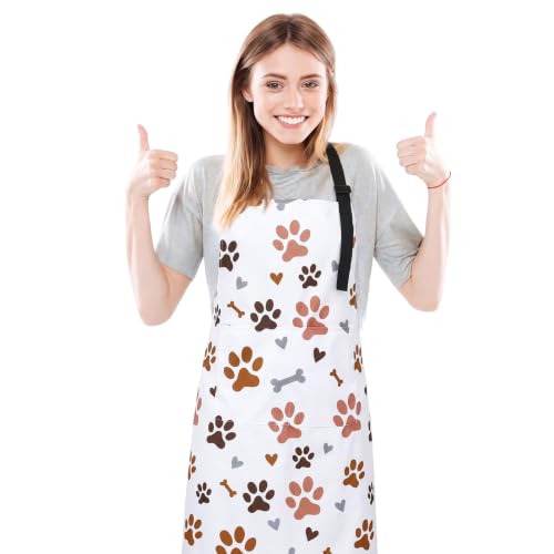 XLSXEXCL Dog Grooming Waterproof Apron with 2 Pockets, Cute Puppy Pets Apron, Adjustable Painting Gardening Cooking Gift for Men Women (White Dog Paw)
