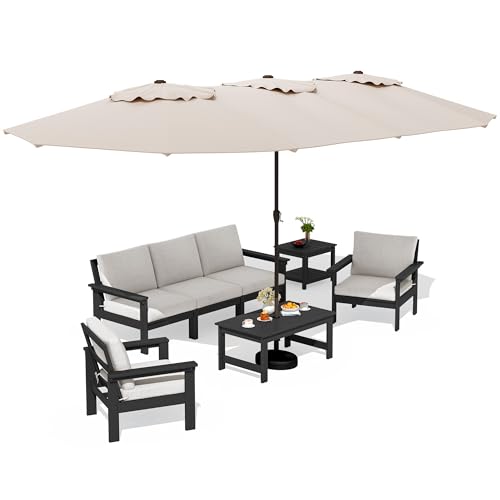 Image of SERWALL HDPE Outdoor Couch with Coffee Table & Side Table & 15FT Umbrella