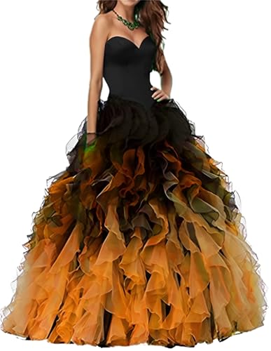 Prom Dresses for Women 2026 Strapless Puffy Tulle Evening Dress Long Ombre Black Orange Strapless Rainbow Quinceanera Formal Party Gowns US4