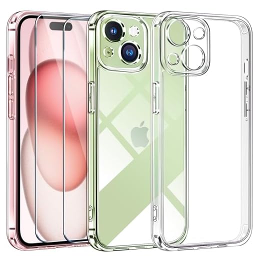 ivoler 3 in 1 Clear Funda para iPhone 15 con 2 Piezas Cristal Templado, [Nunca-Amarillo] [Protección Militar] [Protección de Cámara] Transparente Anti-Choque Carcasa Protectora