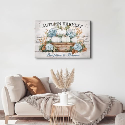 Image of Pumpkin Flower Wall Art Autumn Wall Decor Farmhouse Rustic Blue White Pumpkins Picture Prints Canvas for Bedroom Living Room 24x36 inch, Large Botanical Floral Painting Poster Artwork Home Decorations