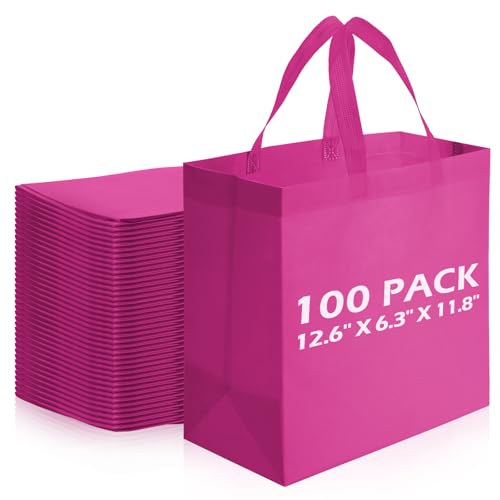 Reginary Reusable Totes Bags - 100 Pcs Non Woven Grocery Handle Bags for Shop Events & Retail Store (Rose Pink)