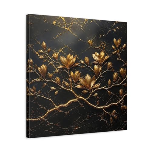 Toile fleurs dorées fond noir déco cheminée salon cosy 50x50cm