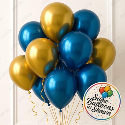 AMFIN (Pack of 10) 10 inch Metallic Chrome Balloons. Birthday, Anniversary Decoration Items - Gold, Dark Blue - Image 2