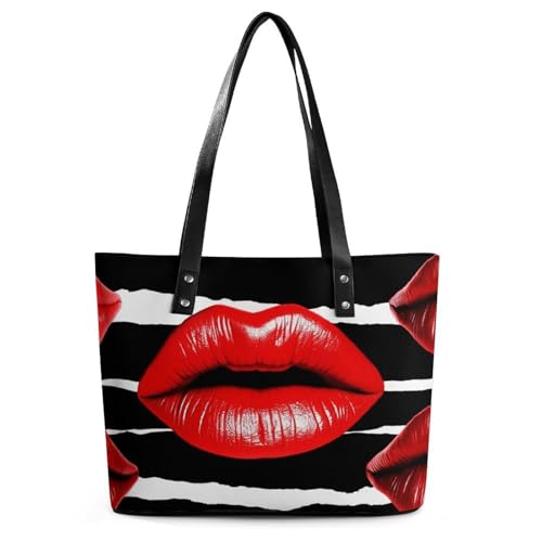 Exquisite Leather Lady's Handbag, Red Lips Kiss Printed Handbag Lychee Patterned Leather Handbag Suitable for Women for Travel, Fitness, And Commuting