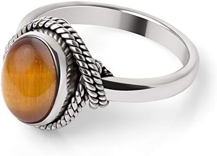 Chuvora 925 Sterling Silver Brown Tiger Eye Gemstone Oval Rope Edge Vintage Band Ring Size 8