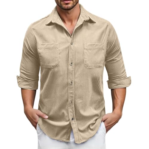 Chemise viking en velours côtelé coupe droite pour homme en coton et lin