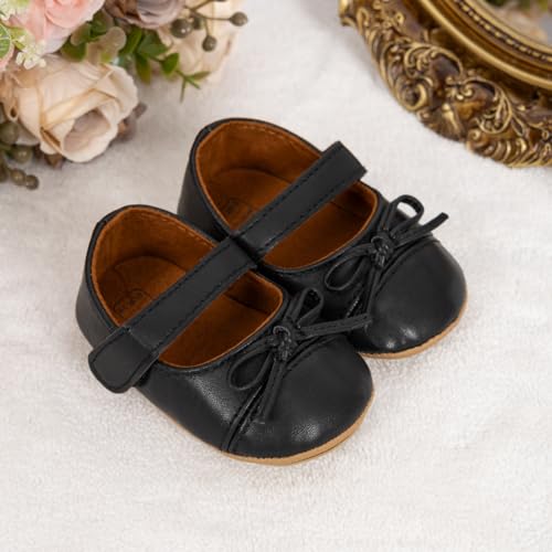 Babelvit Baby Girls Premium Bowknot Mary Jane Flats Wedding Princess Dress Baptism Shoes Rubber Sole PU Leather Infant Toddler First Walking Moccasins Crib Shoes - Image 4