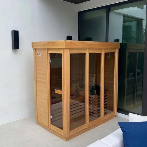 AURGOD Outdoor Corner Steam Sauna, Canadian Hemlock Saunas 3-4 Person, 6KW ETL Toule Heater, 220V,Broad Bench, Glass Wall Sauna, Waterproof System, Asphalt Shingles,Left Door(0-195℉)