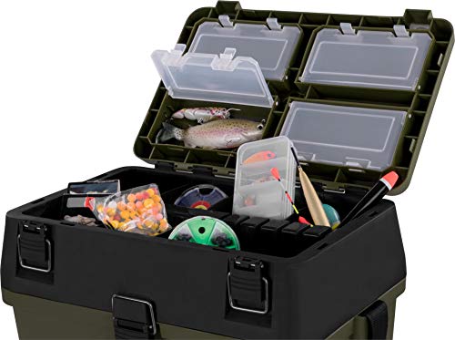Foto von Sitzkiepe Angelobox Angel-Sitzbox Angelrucksack Angeltasche Angelkoffer Angler-Gerätekasten mit 4 Tackle Boxen Farbe Oliv