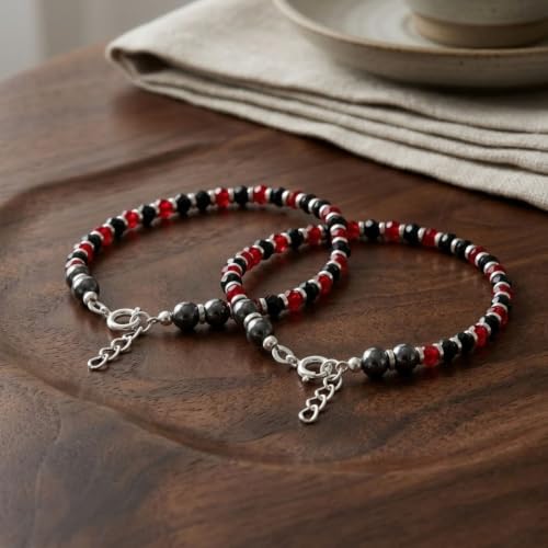 Image of Parnika (Formerly MJ 925 Traditional Silver & Black Crystals Baby Nazariya Kids Silver Bracelet in Pure 92.5 Sterling Silver for Kids - One pair