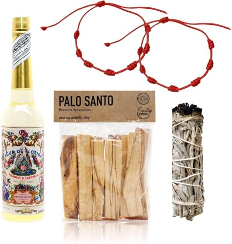 FAMILYCOM Florida Agua de Perú Original, Salvia Blanca, Palo Santo Y 2 Pulseras Roja 7 Nudos. Pack Completo 270ml Agua Florida, 30 gr Palo Santo, 1 Atadillo Salvia Blanca. Original de Perú